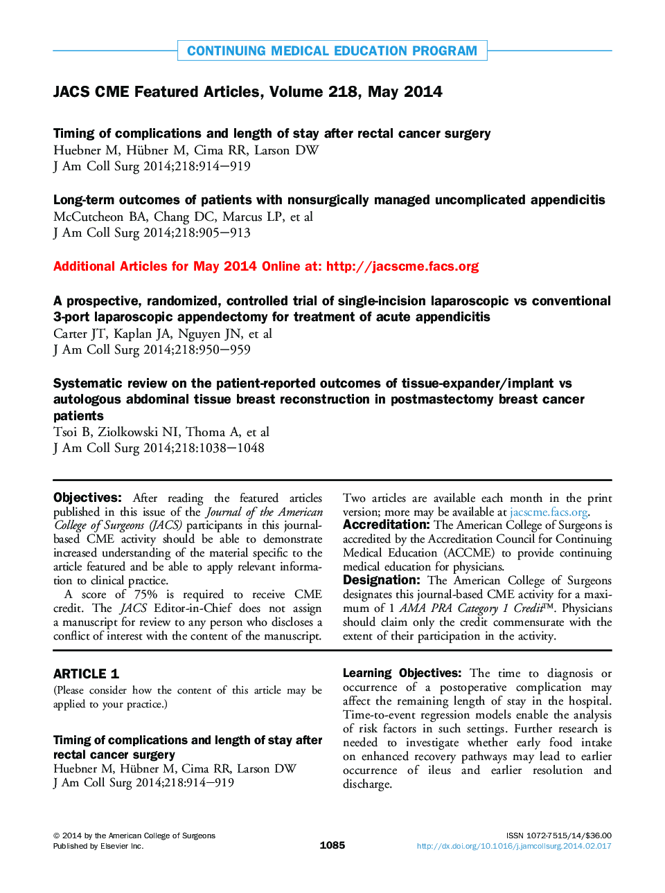 JACS CME Featured Articles, Volume 218, May 2014