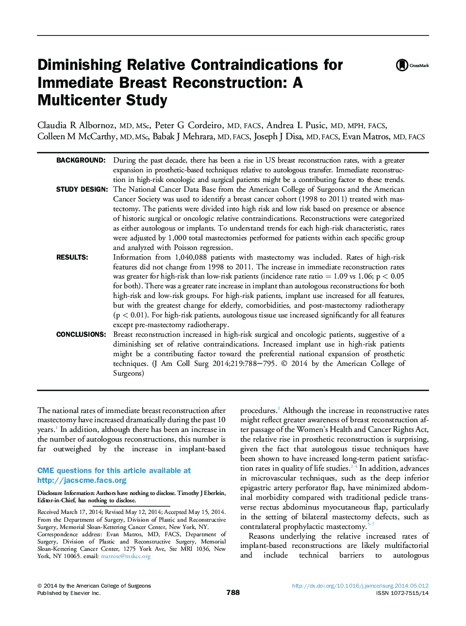 Diminishing Relative Contraindications for Immediate Breast Reconstruction: A Multicenter Study 
