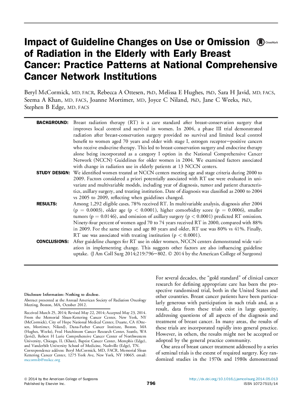 تأثیر تغییرات دستورالعمل در استفاده یا نادیده گرفتن تابش در سالمندان مبتلا به سرطان پستان اولیه: الگوهای عملی در موسسات شبکه ملی جامع سرطان 