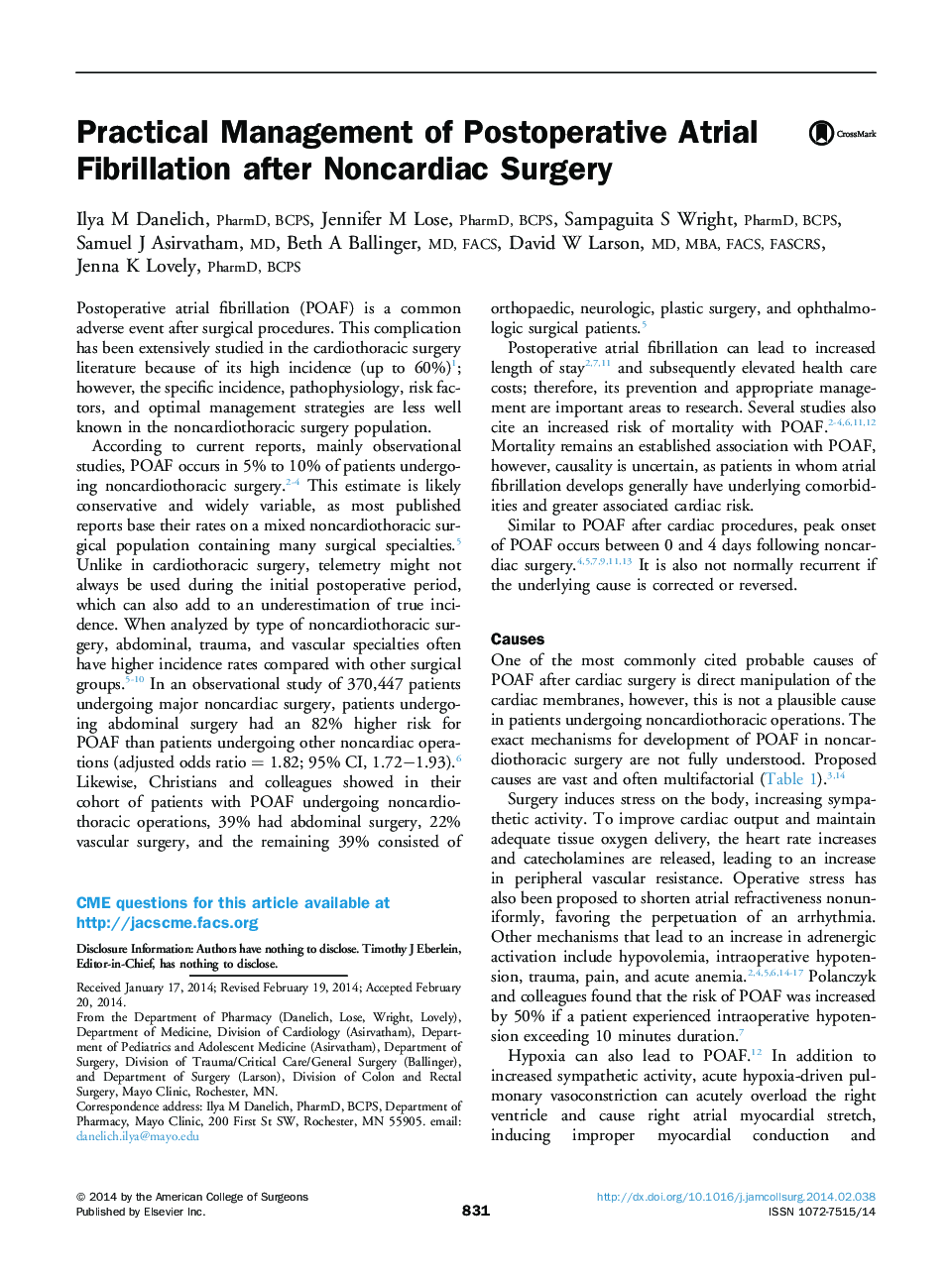 Practical Management of Postoperative Atrial Fibrillation after Noncardiac Surgery