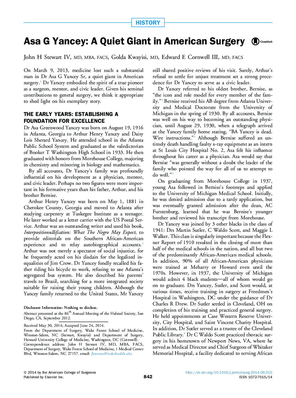 Asa G Yancey: A Quiet Giant in American Surgery