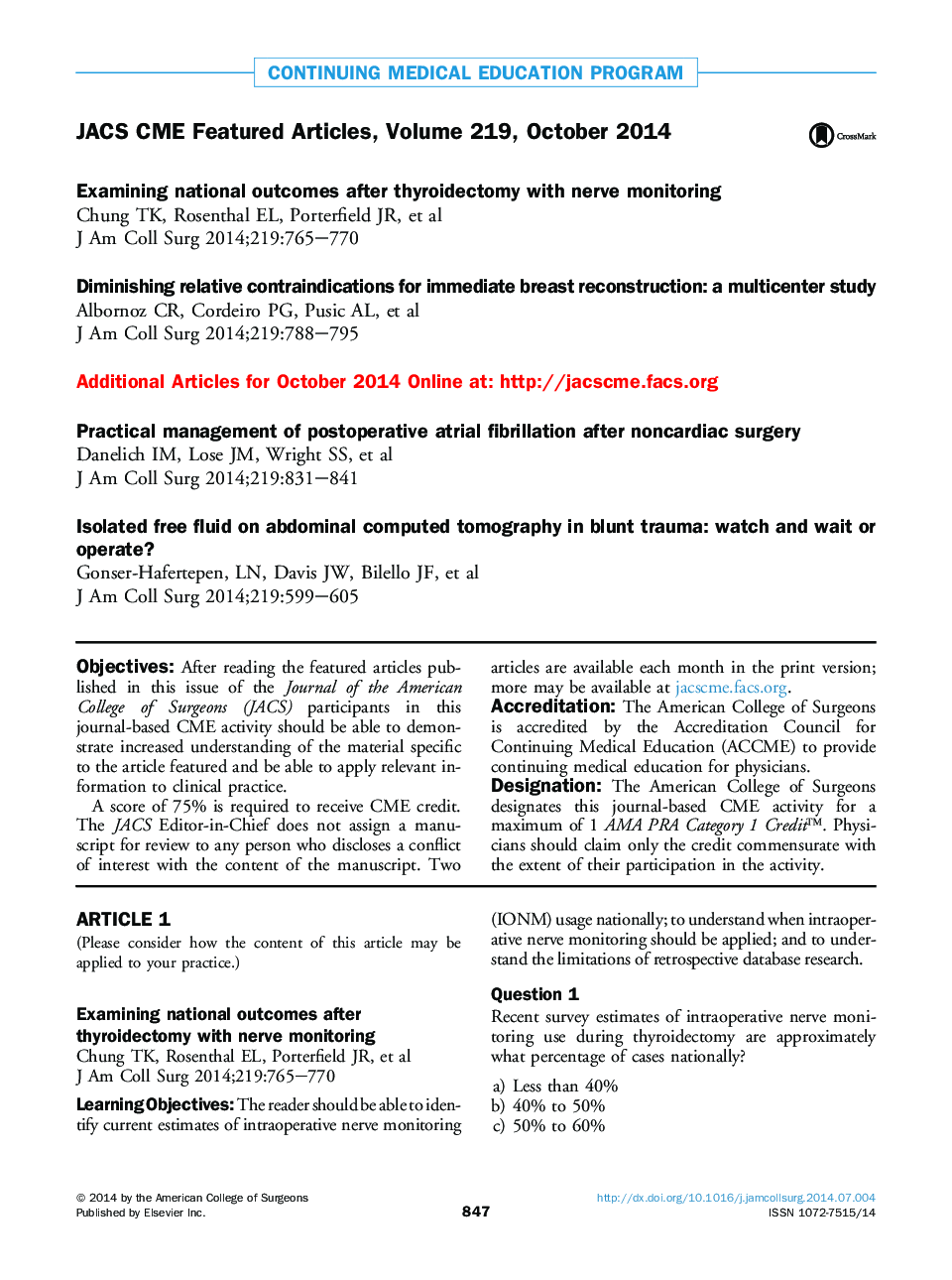 JACS CME Featured Articles, Volume 219, October 2014
