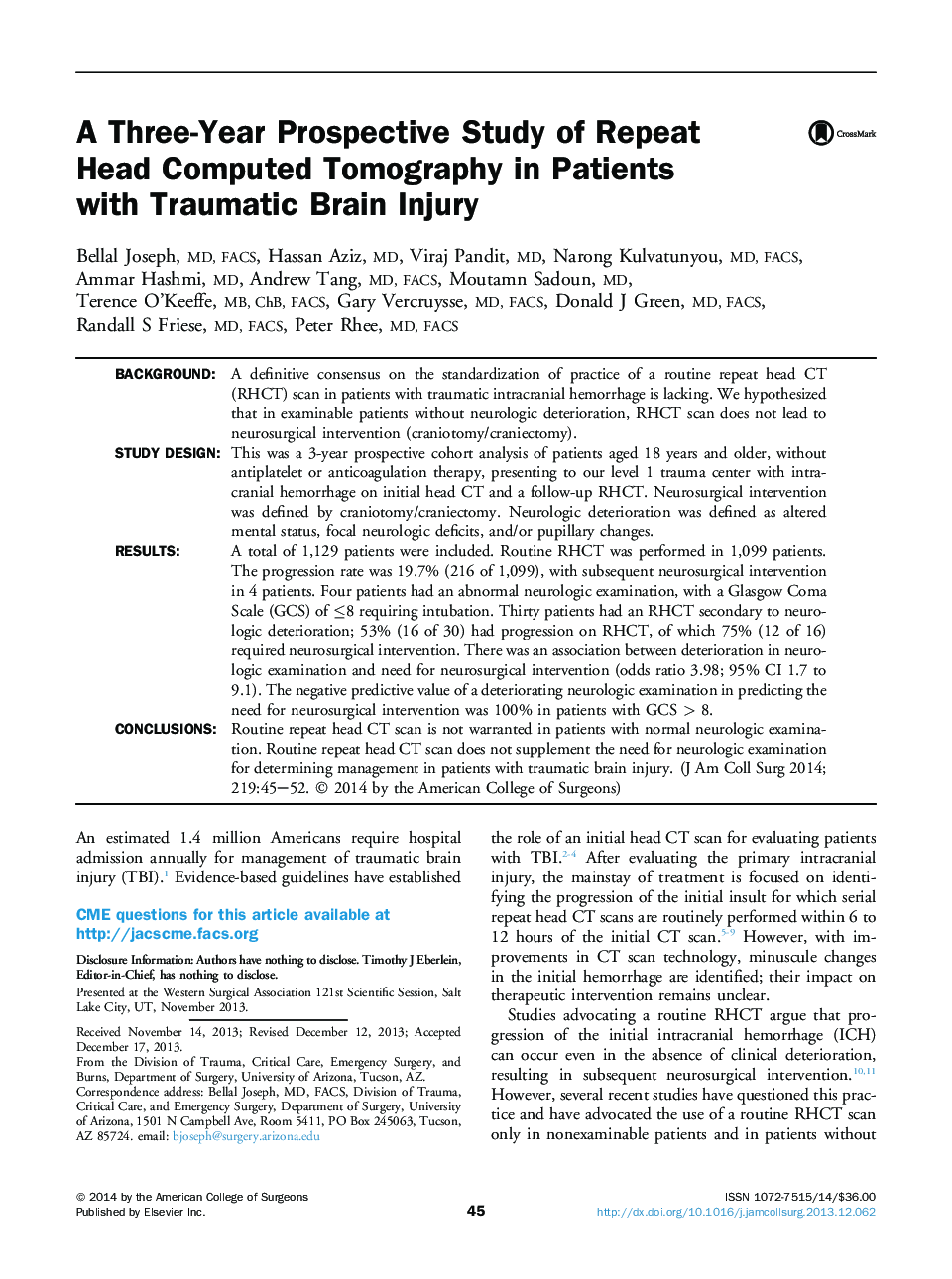 A Three-Year Prospective Study of Repeat Head Computed Tomography in Patients with Traumatic Brain Injury 