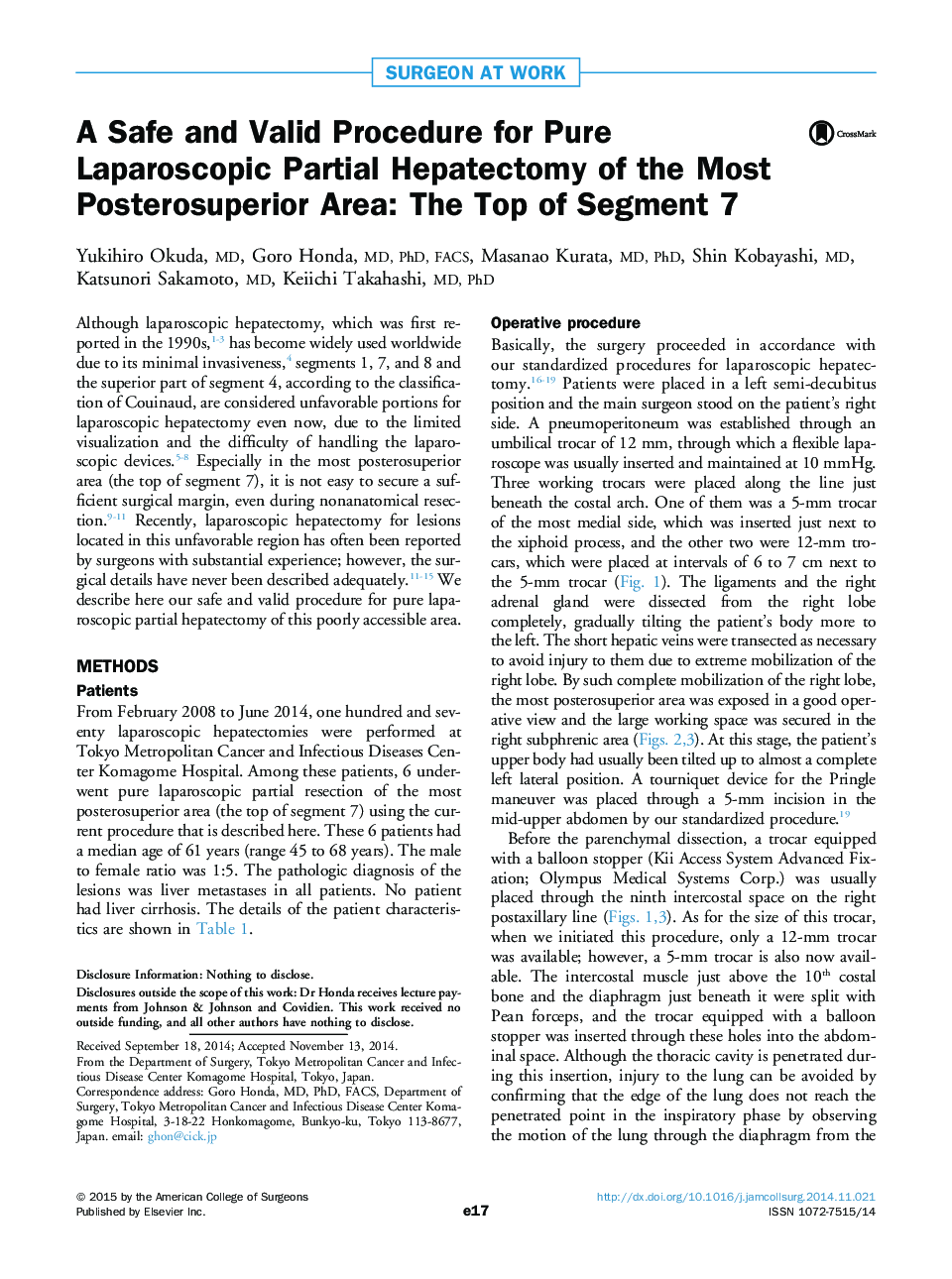 A Safe and Valid Procedure for Pure Laparoscopic Partial Hepatectomy of the Most Posterosuperior Area: The Top of Segment 7