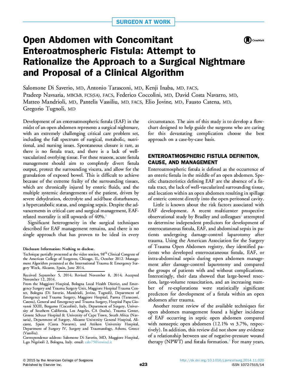 Open Abdomen with Concomitant Enteroatmospheric Fistula: Attempt to Rationalize the Approach to a Surgical Nightmare andÂ Proposal of a Clinical Algorithm