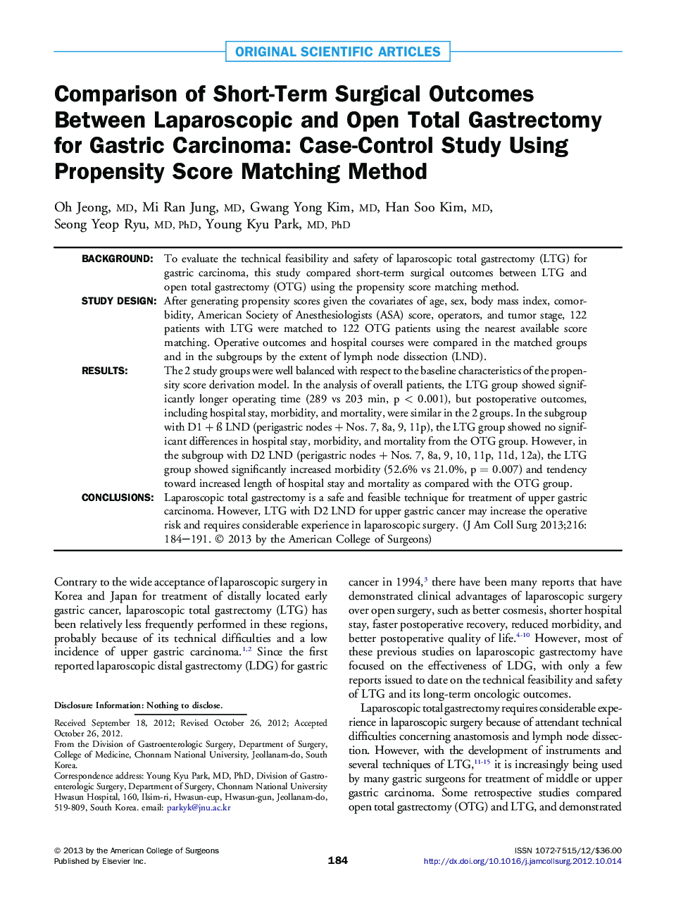Comparison of Short-Term Surgical Outcomes Between Laparoscopic and Open Total Gastrectomy for Gastric Carcinoma: Case-Control Study Using Propensity Score Matching Method 