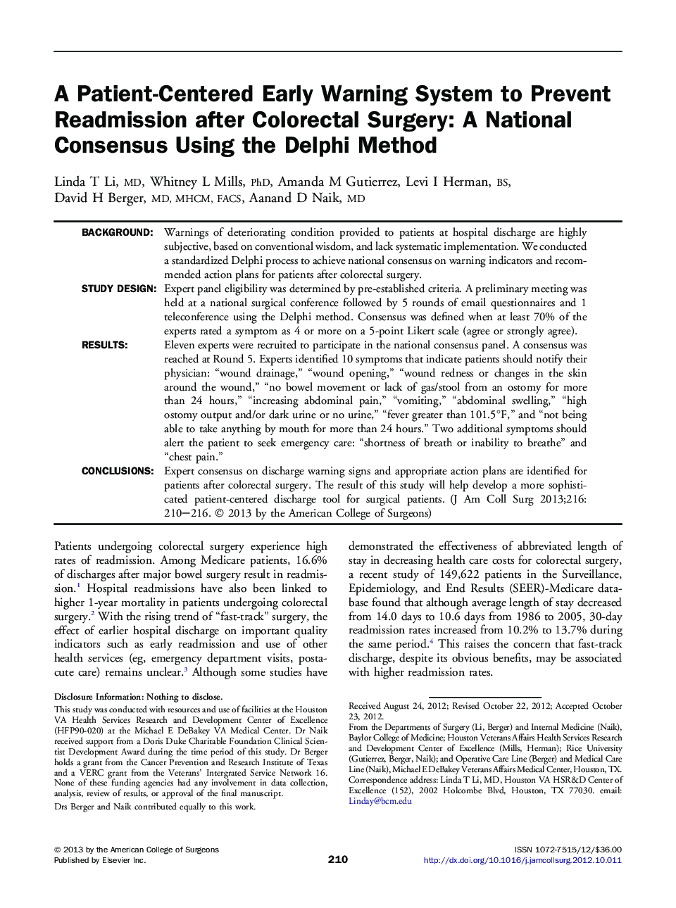 A Patient-Centered Early Warning System to Prevent Readmission after Colorectal Surgery: A National Consensus Using the Delphi Method