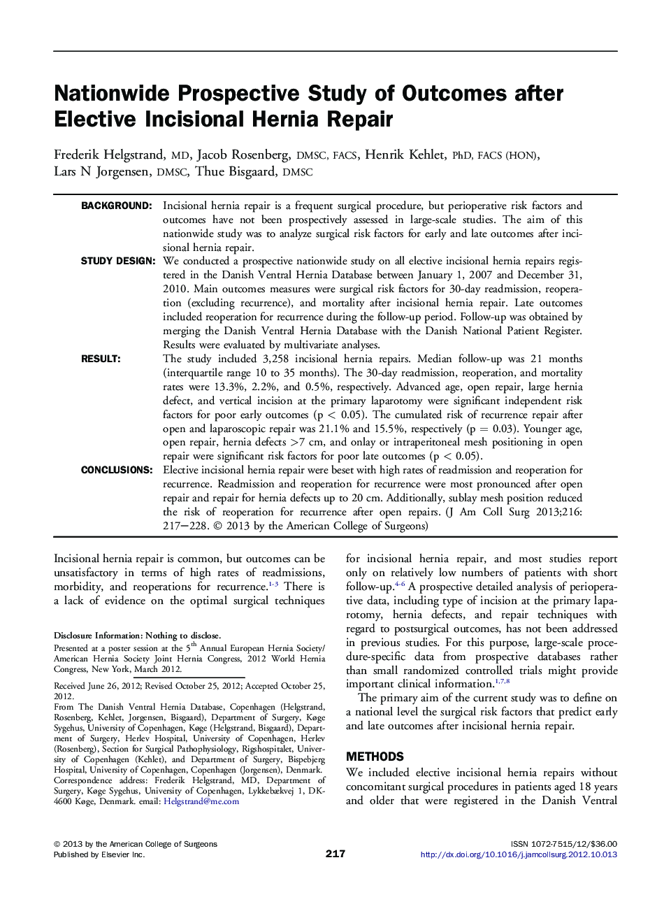 Nationwide Prospective Study of Outcomes after Elective Incisional Hernia Repair 