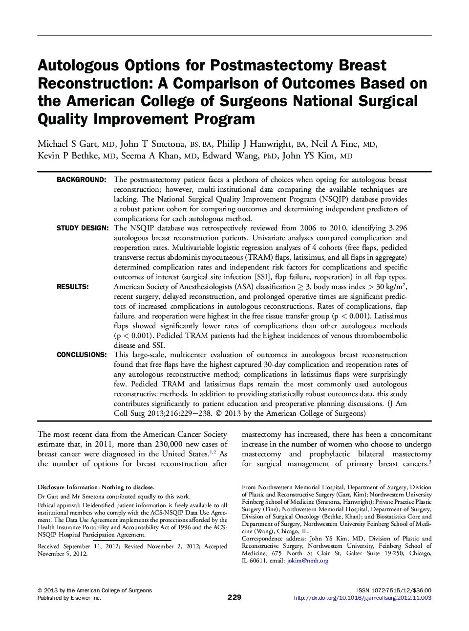 Autologous Options for Postmastectomy Breast Reconstruction: A Comparison of Outcomes Based on the American College of Surgeons National Surgical Quality Improvement Program 
