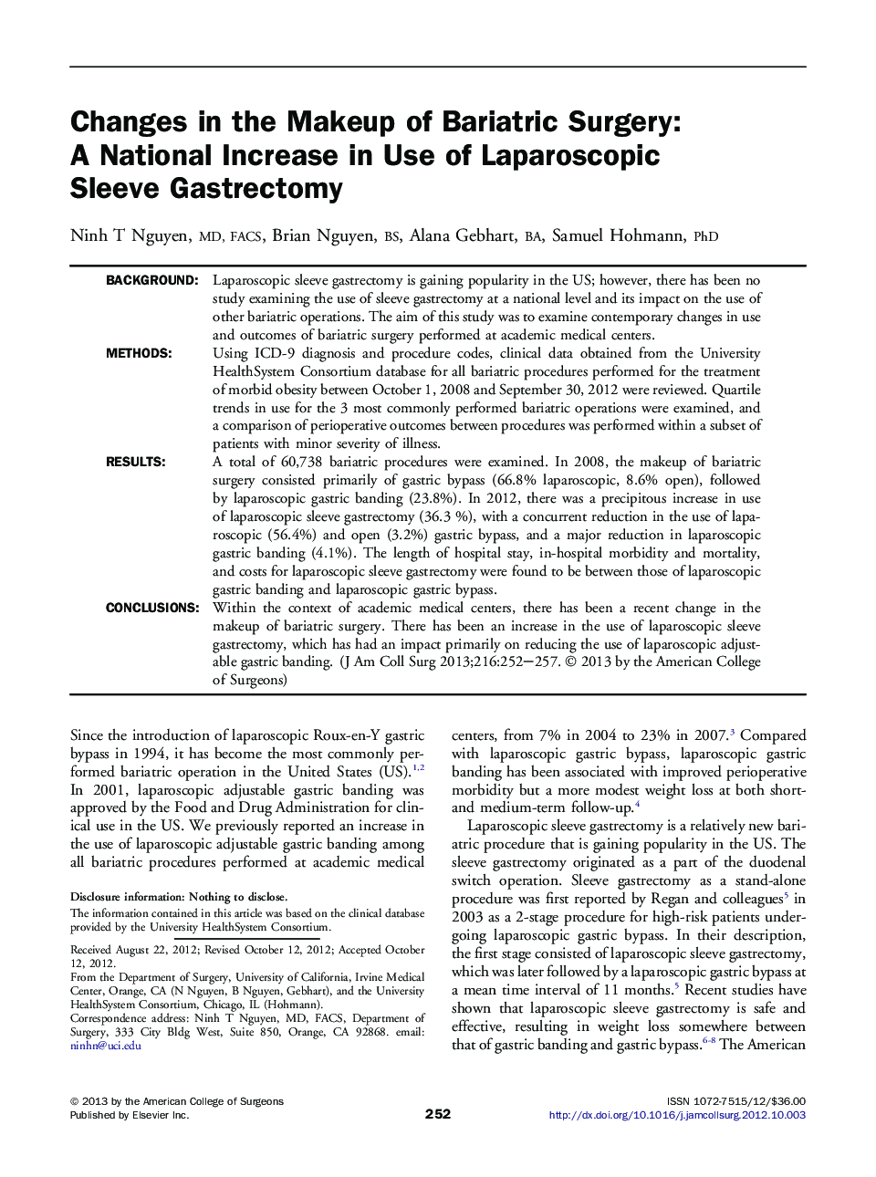 Changes in the Makeup of Bariatric Surgery: A National Increase in Use of Laparoscopic Sleeve Gastrectomy 