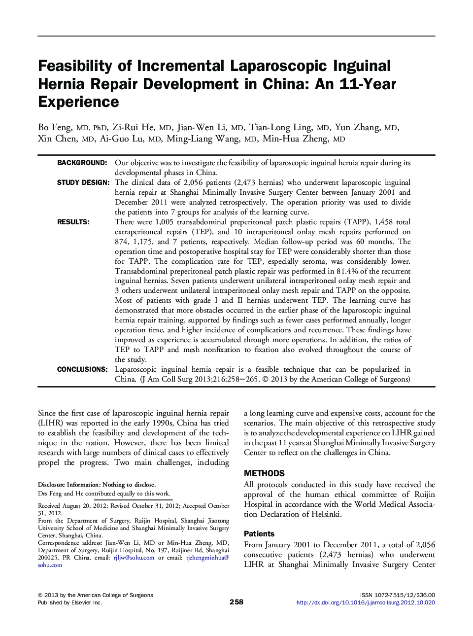 Feasibility of Incremental Laparoscopic Inguinal Hernia Repair Development in China: An 11-Year Experience 