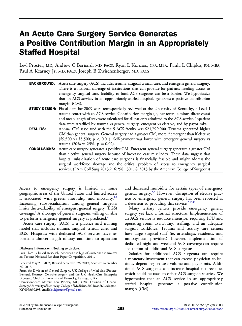An Acute Care Surgery Service Generates a Positive Contribution Margin in an Appropriately Staffed Hospital 