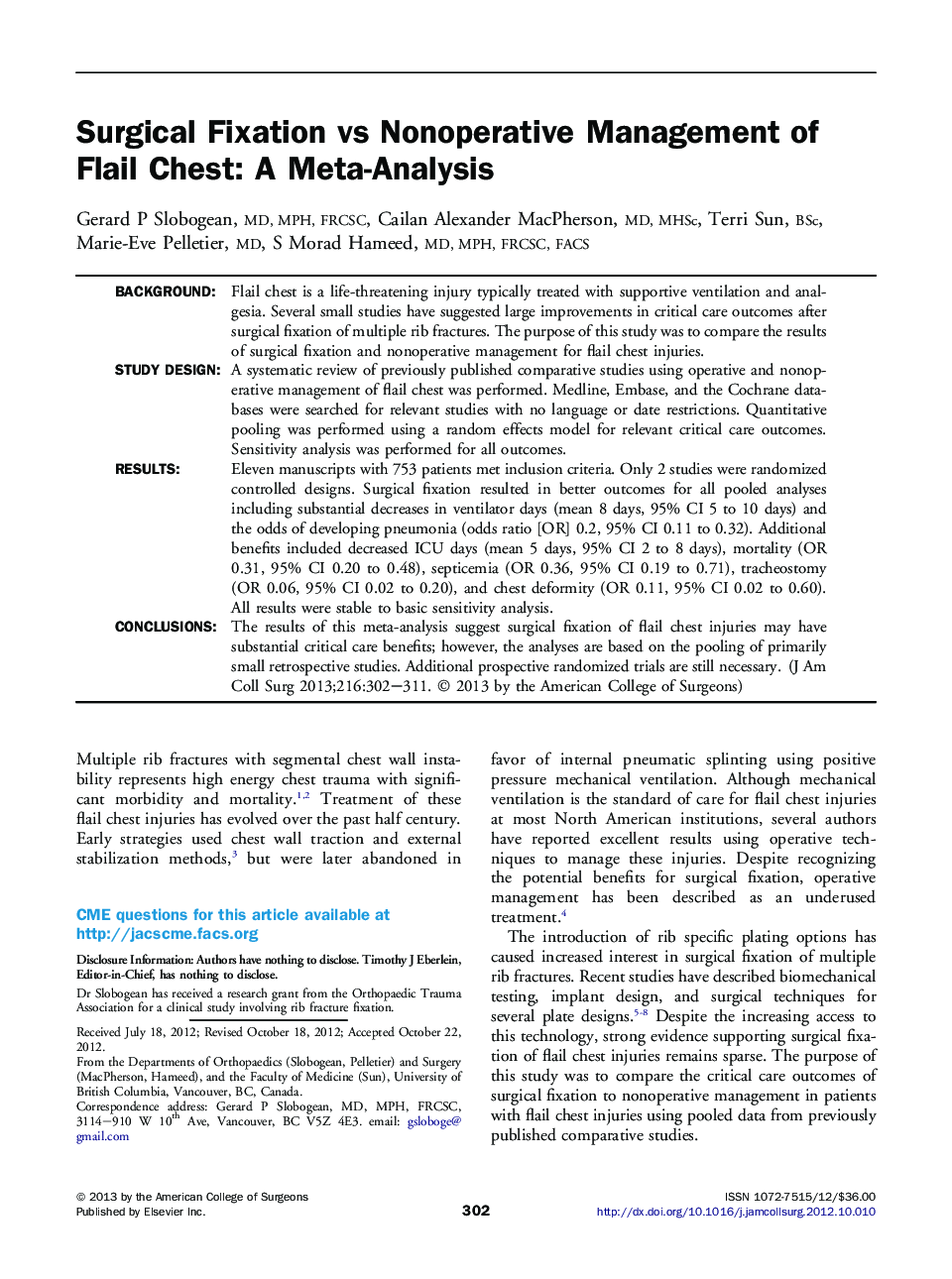 Surgical Fixation vs Nonoperative Management of Flail Chest: A Meta-Analysis