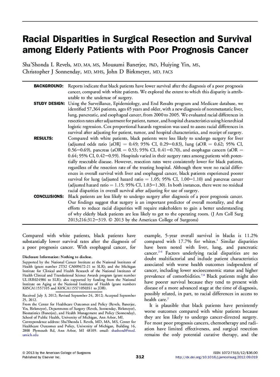 Racial Disparities in Surgical Resection and Survival among Elderly Patients with Poor Prognosis Cancer 