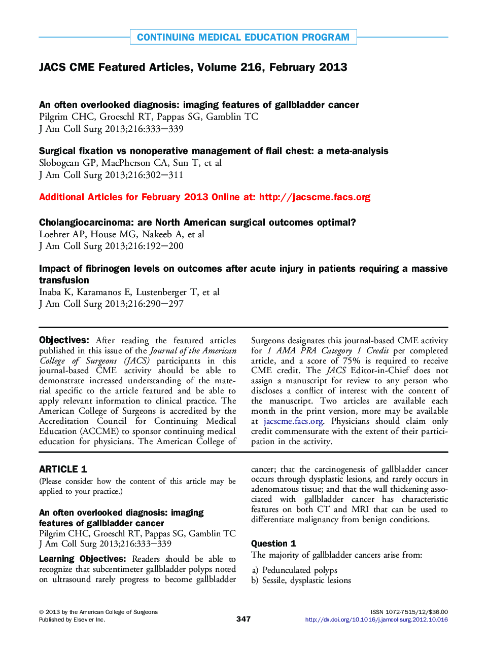 JACS CME Featured Articles, Volume 216, February 2013