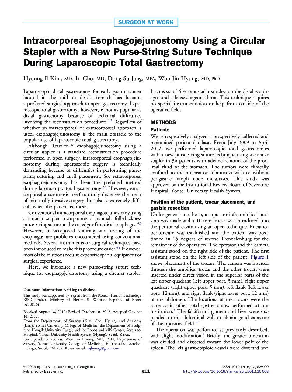 Intracorporeal Esophagojejunostomy Using a Circular Stapler with a New Purse-String Suture Technique During Laparoscopic Total Gastrectomy