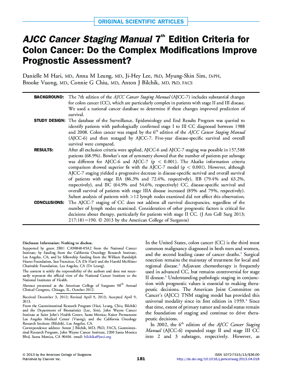 AJCC Cancer Staging Manual 7th Edition Criteria for Colon Cancer: Do the Complex Modifications Improve Prognostic Assessment? 