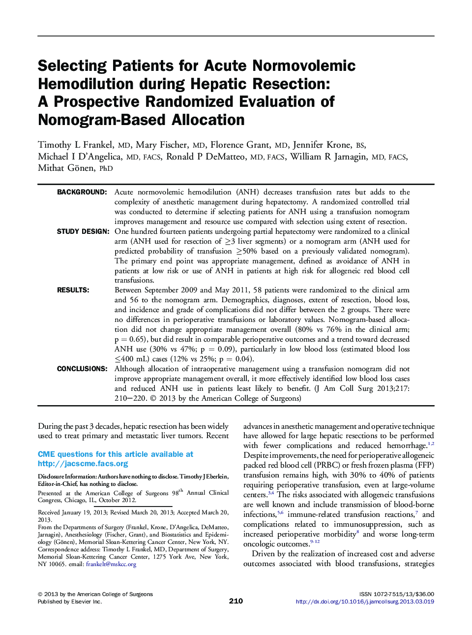 Selecting Patients for Acute Normovolemic Hemodilution during Hepatic Resection: A Prospective Randomized Evaluation of Nomogram-Based Allocation 