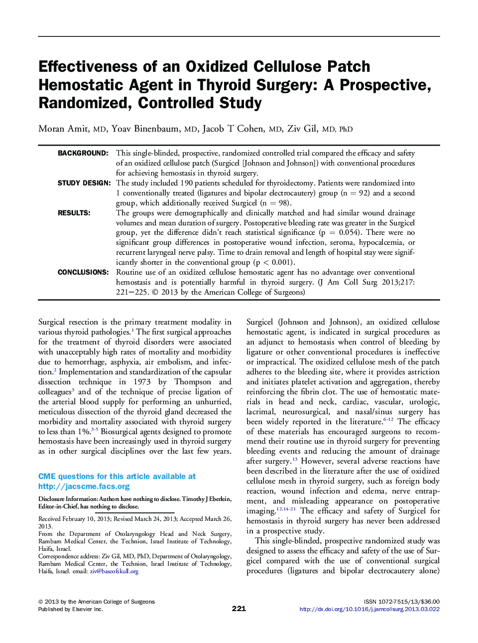 Effectiveness of an Oxidized Cellulose Patch Hemostatic Agent in Thyroid Surgery: A Prospective, Randomized, Controlled Study 