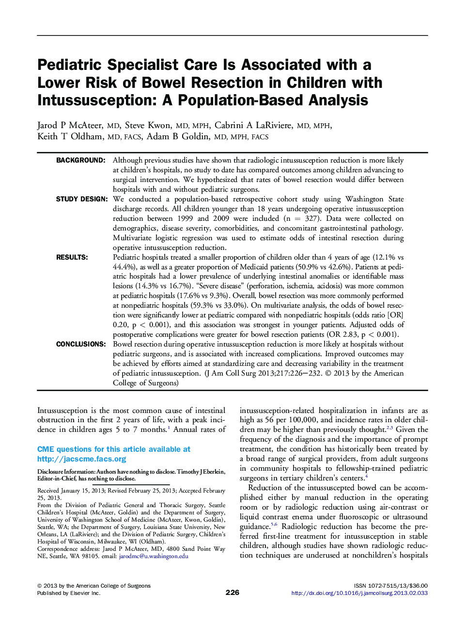 Pediatric Specialist Care Is Associated with a Lower Risk of Bowel Resection in Children with Intussusception: A Population-Based Analysis
