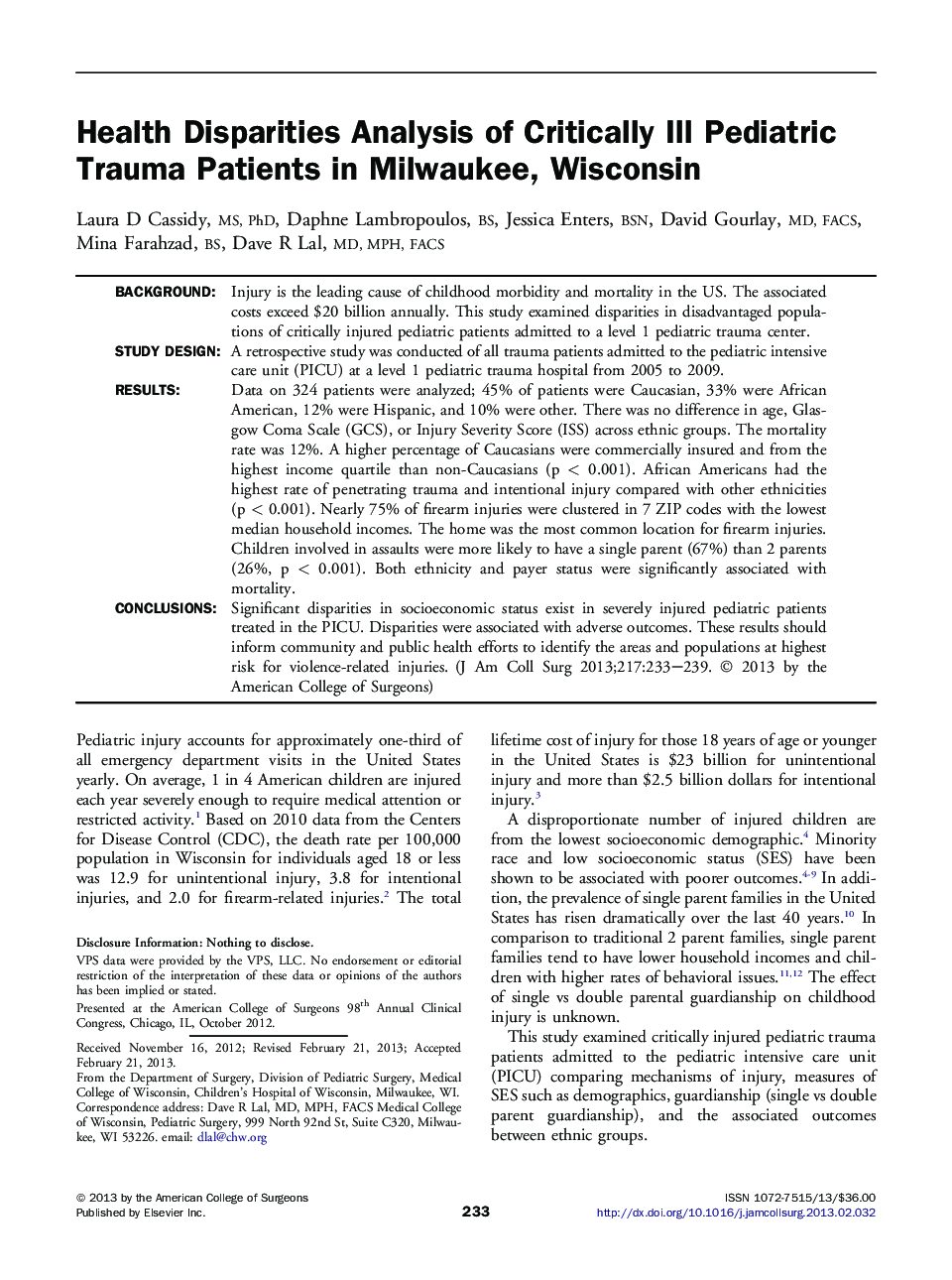 Health Disparities Analysis of Critically Ill Pediatric Trauma Patients in Milwaukee, Wisconsin 