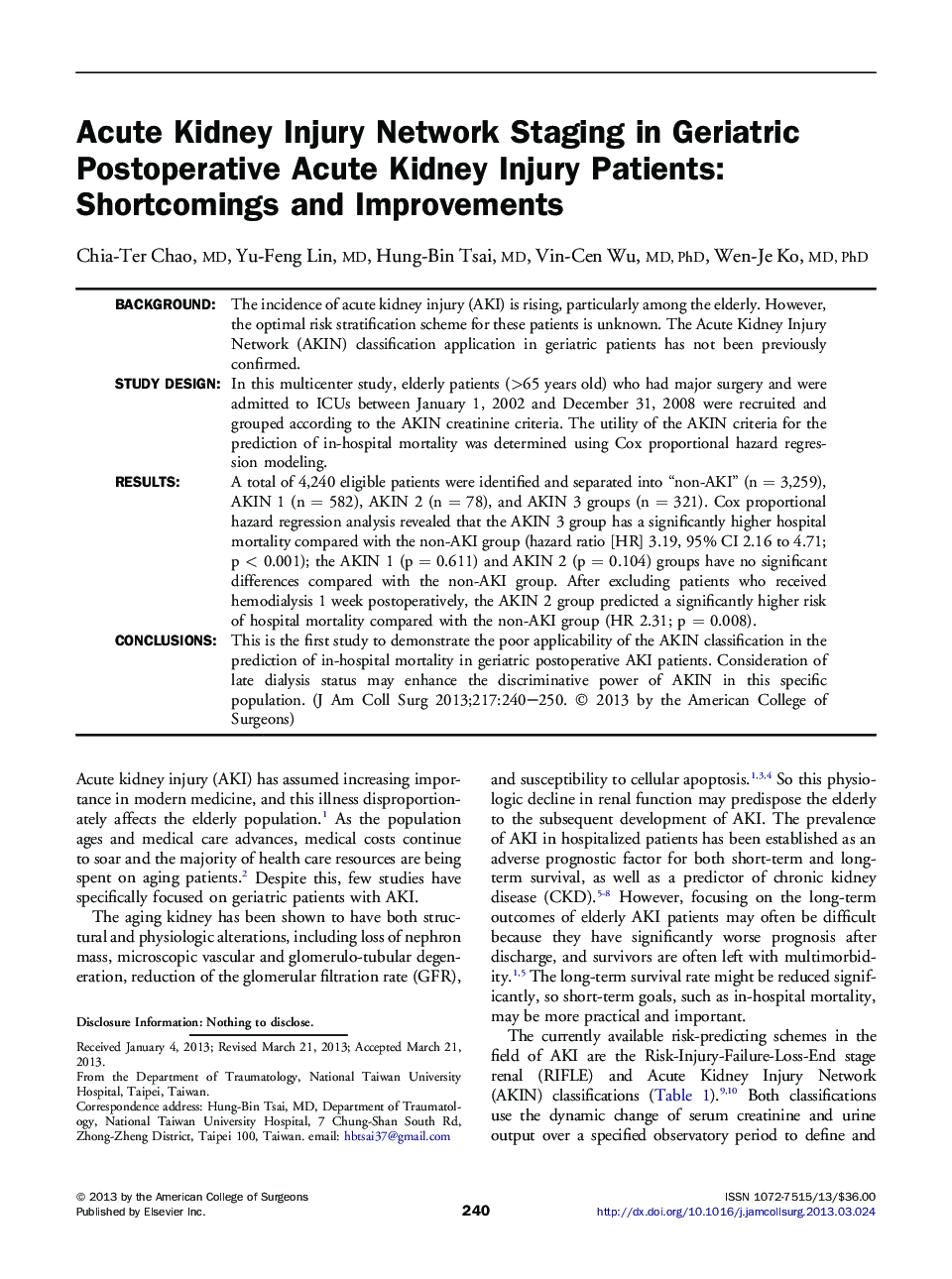 Acute Kidney Injury Network Staging in Geriatric Postoperative Acute Kidney Injury Patients: Shortcomings and Improvements 