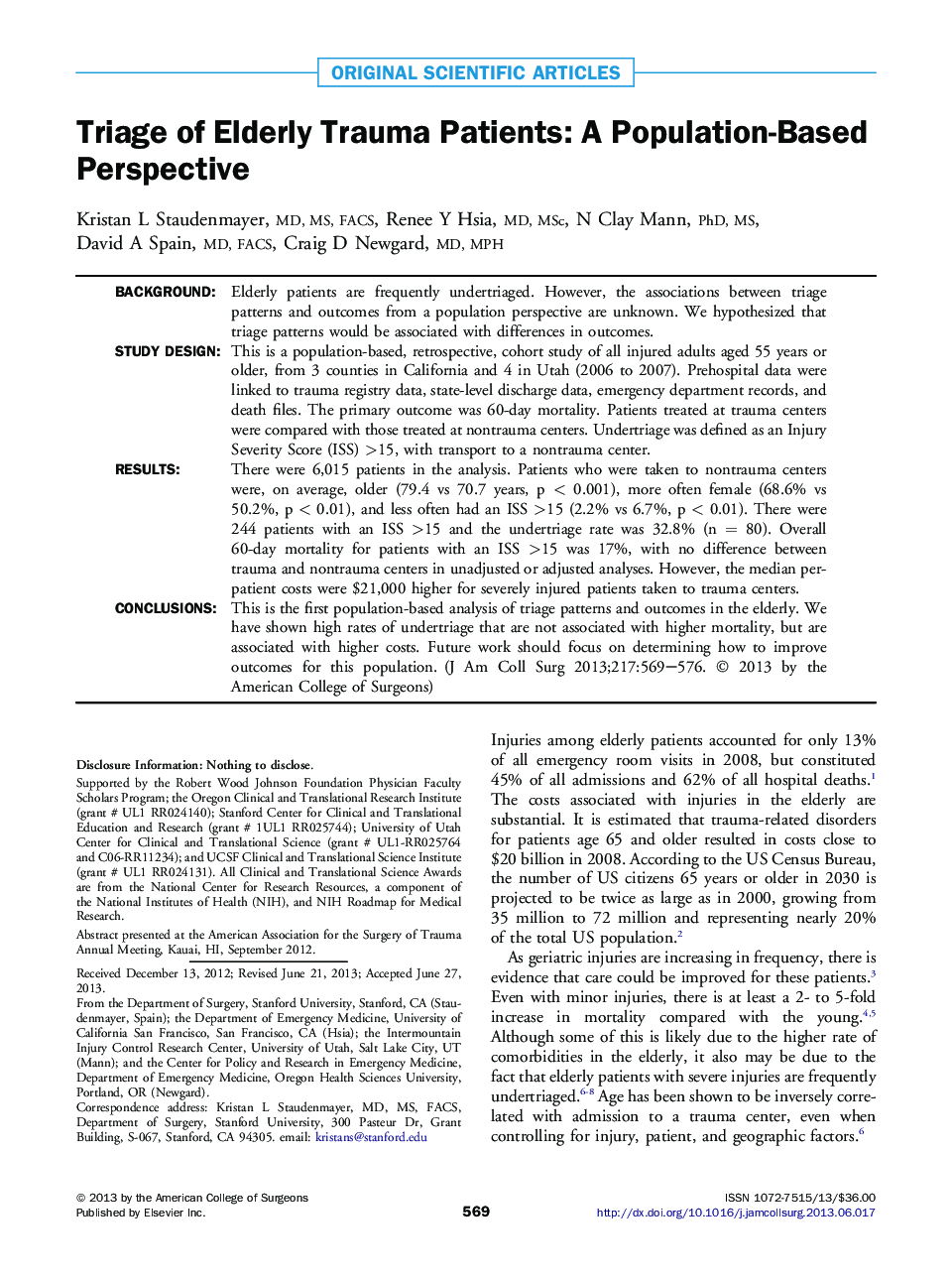 Triage of Elderly Trauma Patients: A Population-Based Perspective 