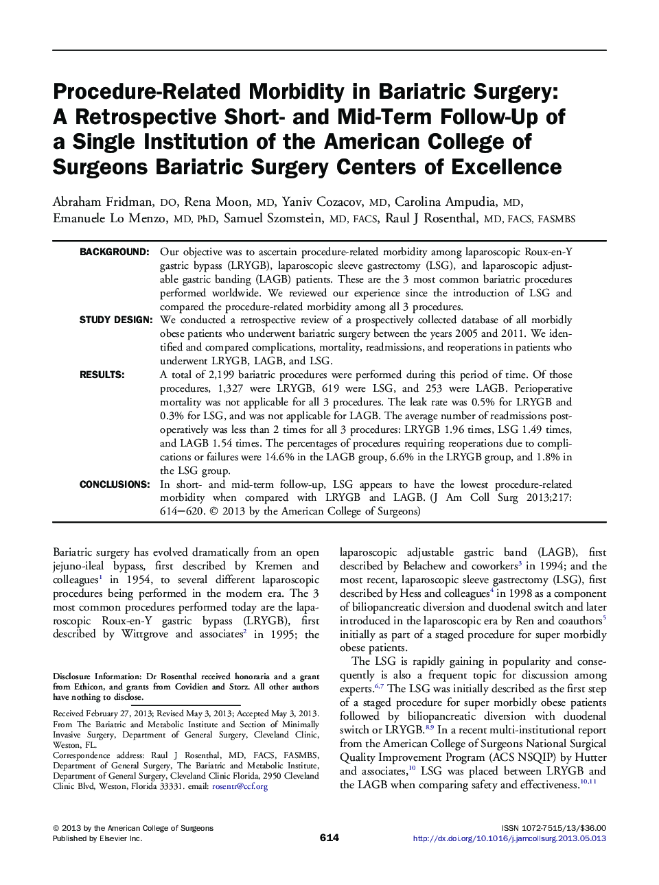 Procedure-Related Morbidity in Bariatric Surgery: A Retrospective Short- and Mid-Term Follow-Up of a Single Institution of the American College of Surgeons Bariatric Surgery Centers of Excellence 