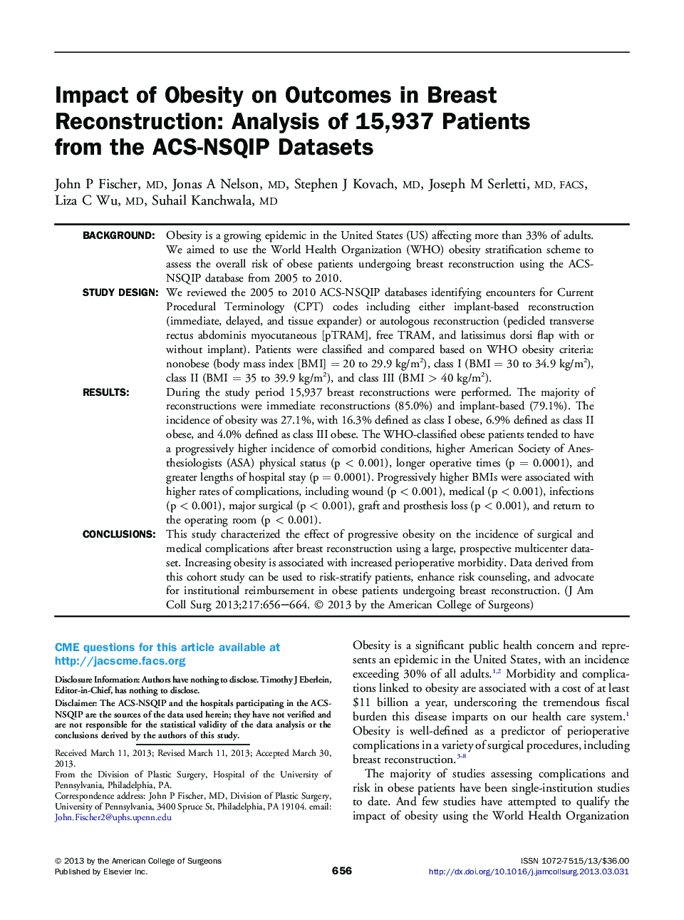 Impact of Obesity on Outcomes in Breast Reconstruction: Analysis of 15,937 Patients from the ACS-NSQIP Datasets 