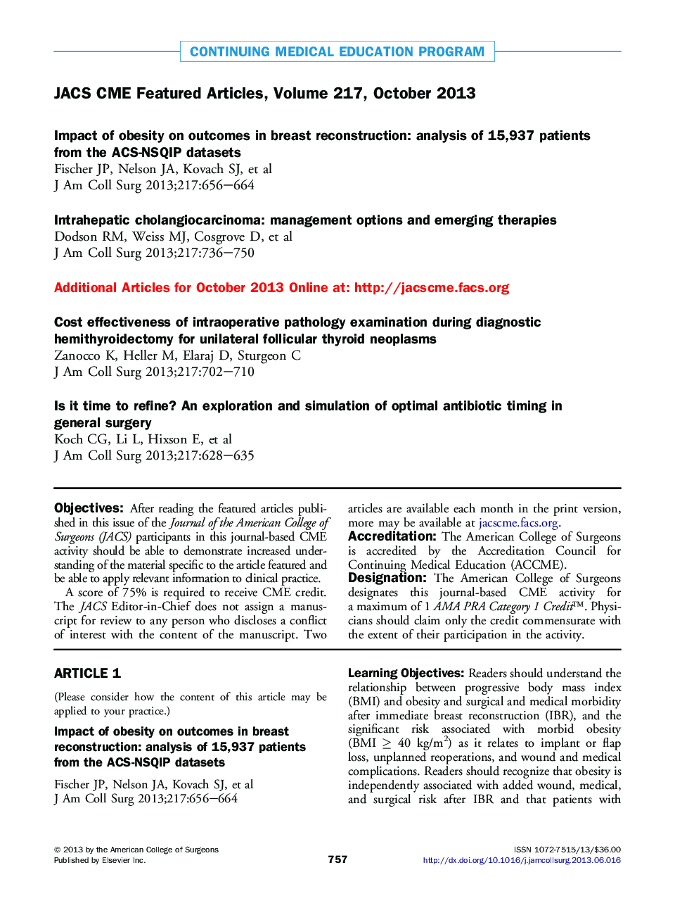 JACS CME Featured Articles, Volume 217, October 2013