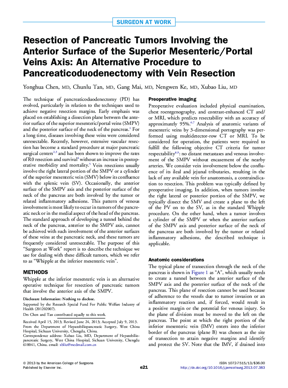 Resection of Pancreatic Tumors Involving the AnteriorÂ Surface of the Superior Mesenteric/Portal Veins Axis: An Alternative Procedure to Pancreaticoduodenectomy with Vein Resection