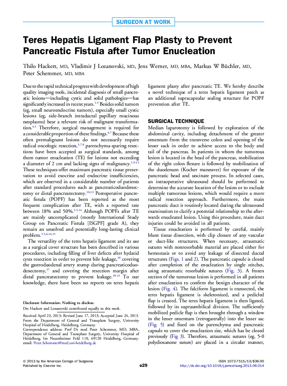 Teres Hepatis Ligament Flap Plasty to Prevent Pancreatic Fistula after Tumor Enucleation