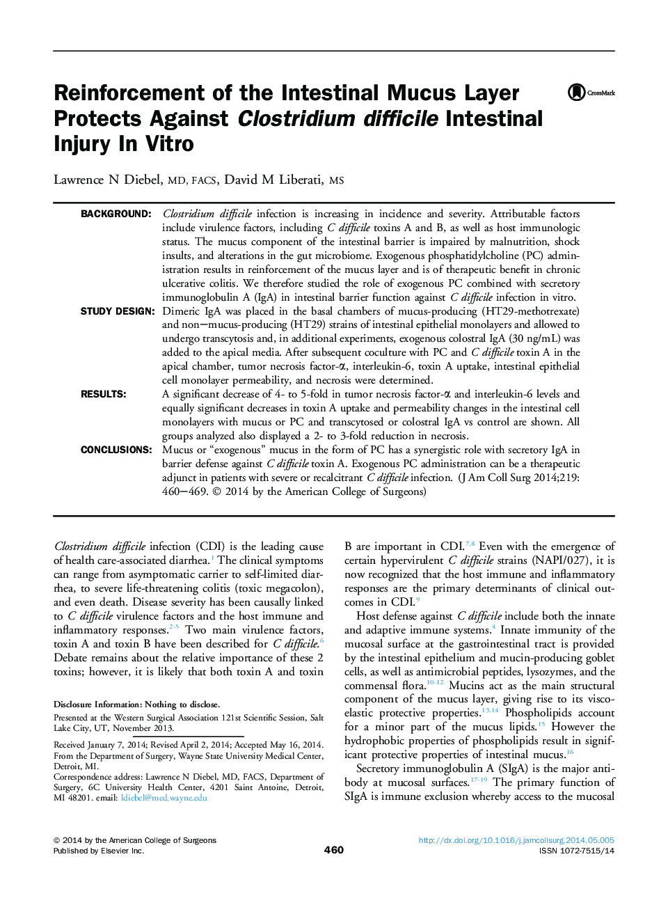 عکس صفحه اول مقاله: Reinforcement of the Intestinal Mucus Layer Protects Against Clostridium difficile Intestinal Injury In Vitro Reinforcement of the Intestinal Mucus Layer Protects Against Clostridium difficile Intestinal Injury In Vitro