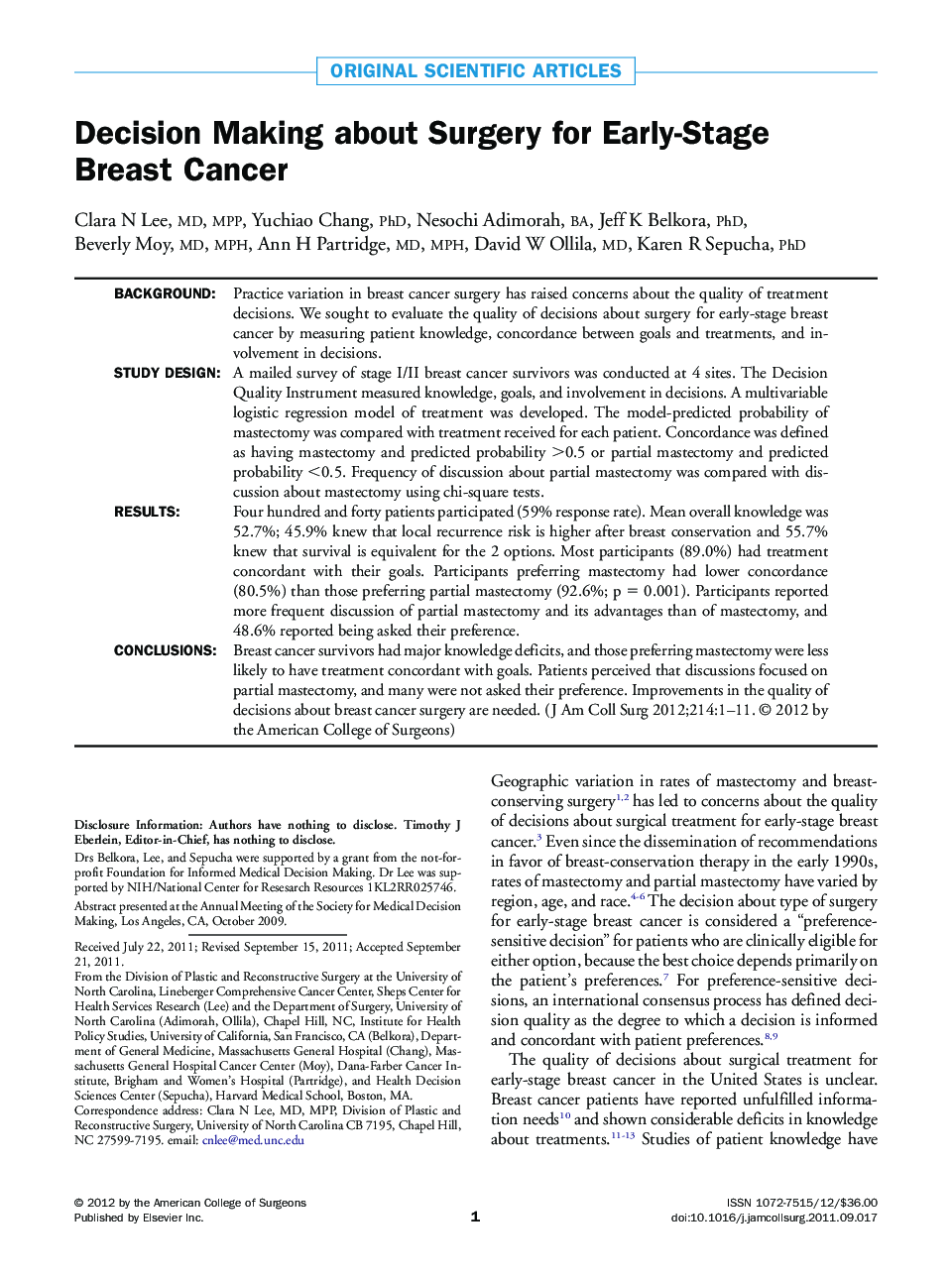 Decision Making about Surgery for Early-Stage Breast Cancer 