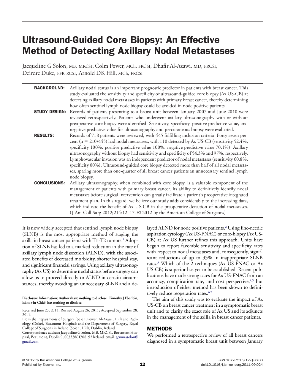 Ultrasound-Guided Core Biopsy: An Effective Method of Detecting Axillary Nodal Metastases 
