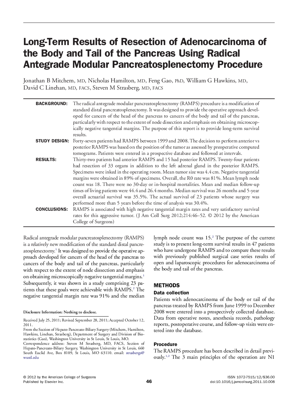 Long-Term Results of Resection of Adenocarcinoma of the Body and Tail of the Pancreas Using Radical Antegrade Modular Pancreatosplenectomy Procedure 