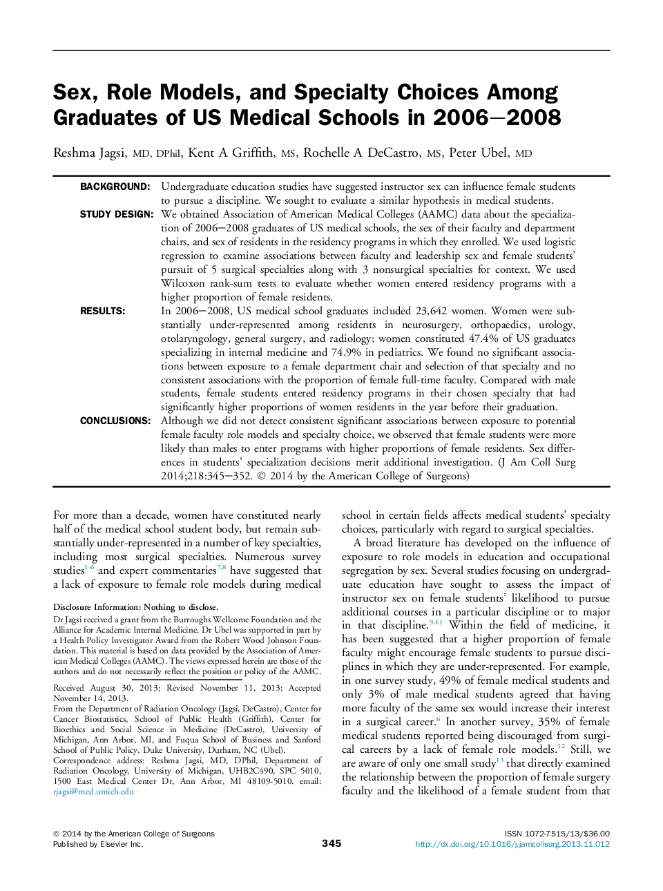 Sex, Role Models, and Specialty Choices Among Graduates of US Medical Schools in 2006–2008 