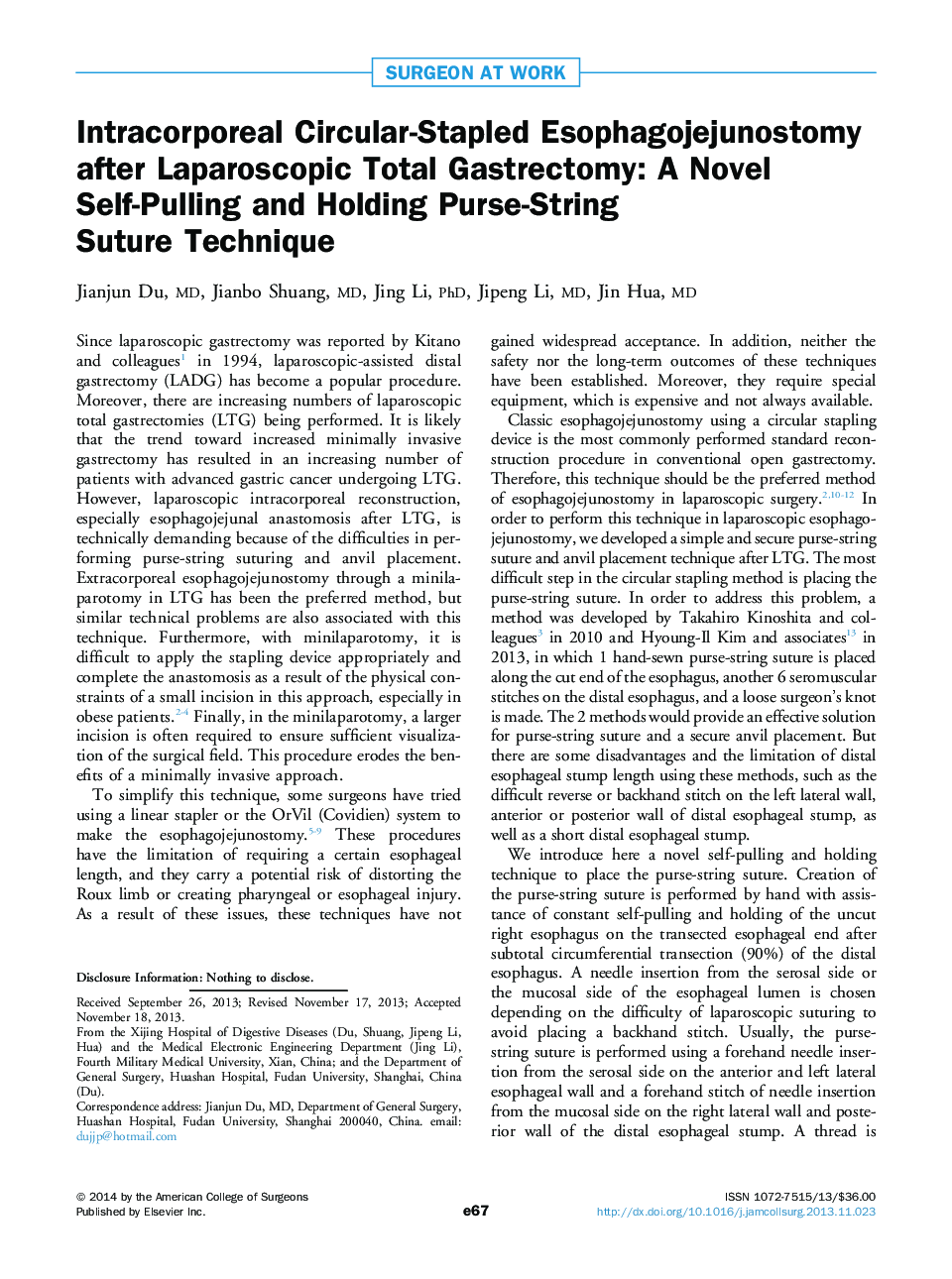 Intracorporeal Circular-Stapled Esophagojejunostomy after Laparoscopic Total Gastrectomy: A Novel Self-Pulling and Holding Purse-String Suture Technique