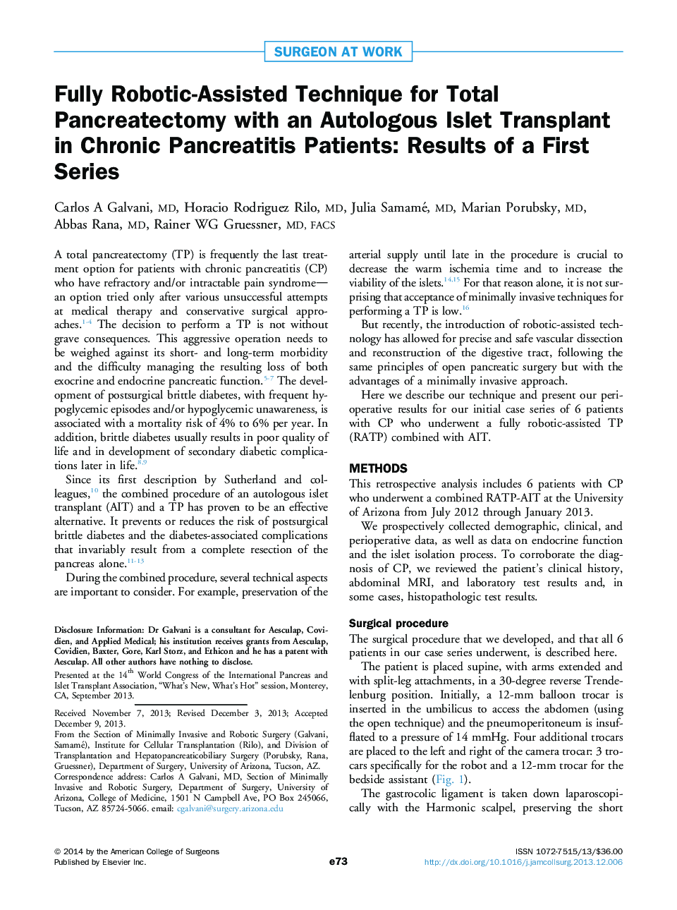 Fully Robotic-Assisted Technique for Total Pancreatectomy with an Autologous Islet Transplant in Chronic Pancreatitis Patients: Results of a First Series