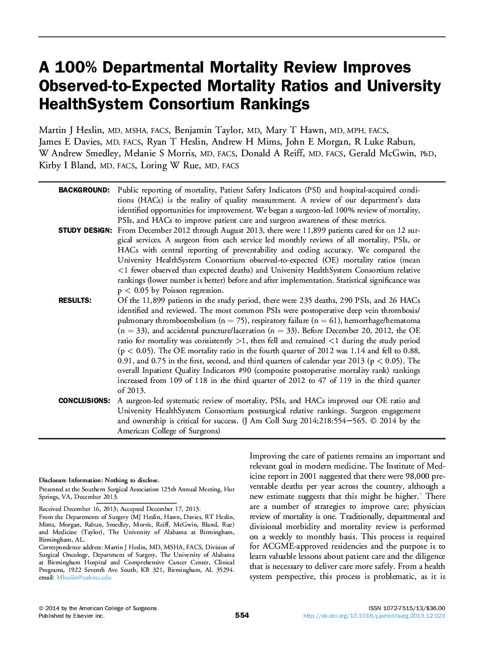 A 100% Departmental Mortality Review Improves Observed-to-Expected Mortality Ratios and University HealthSystem Consortium Rankings 