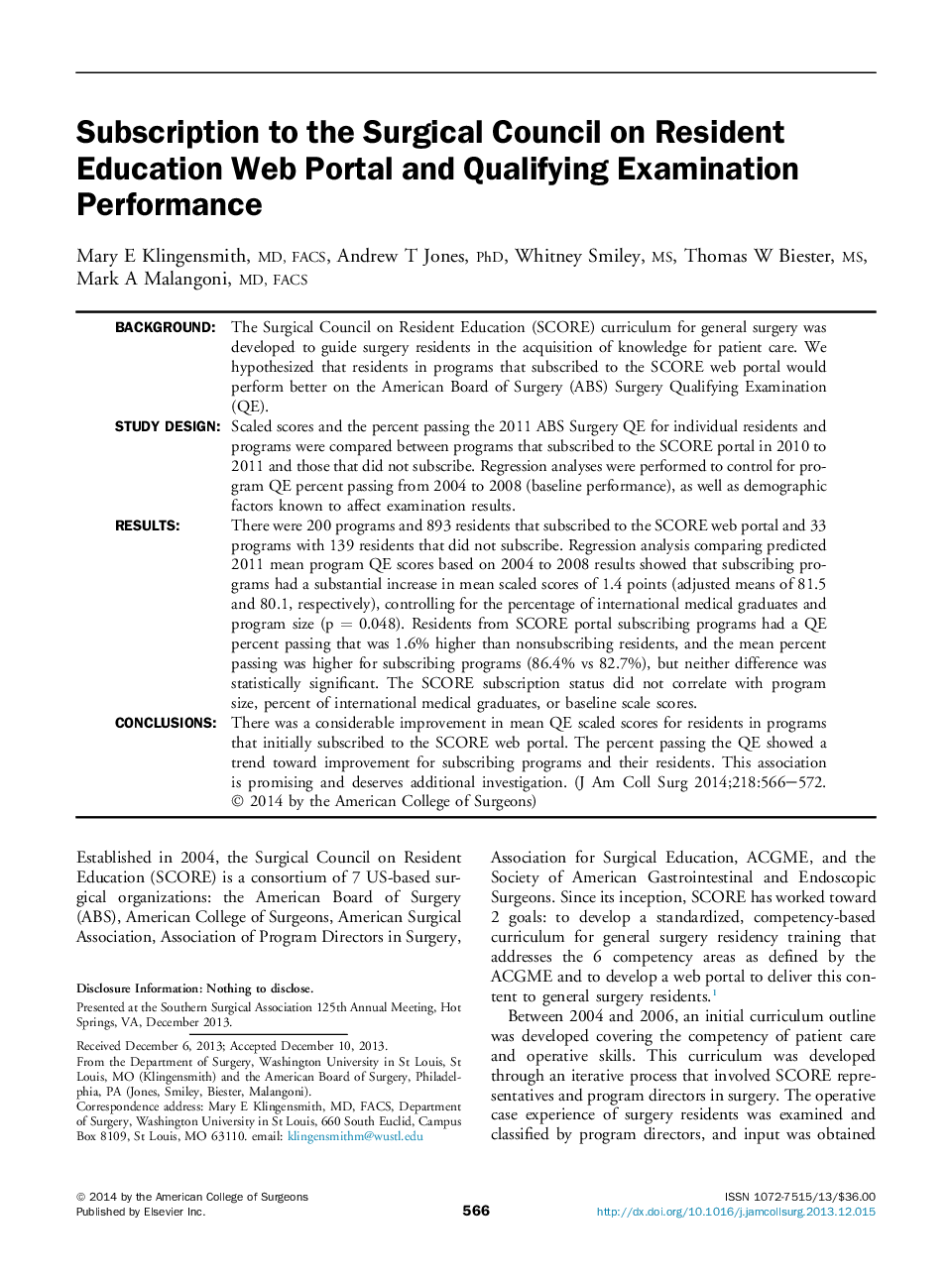 Subscription to the Surgical Council on Resident Education Web Portal and Qualifying Examination Performance 