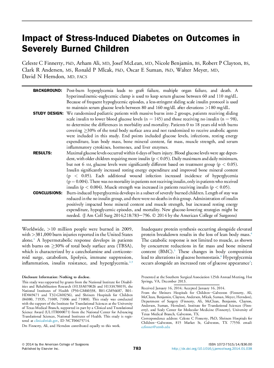 Impact of Stress-Induced Diabetes on Outcomes in Severely Burned Children 