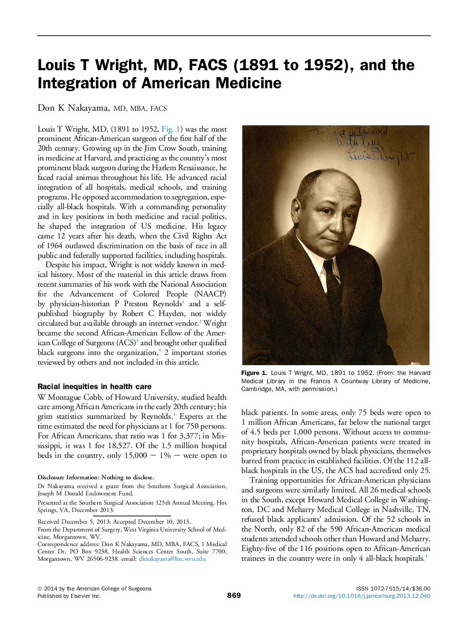 Louis T Wright, MD, FACS (1891 to 1952), and the Integration of American Medicine