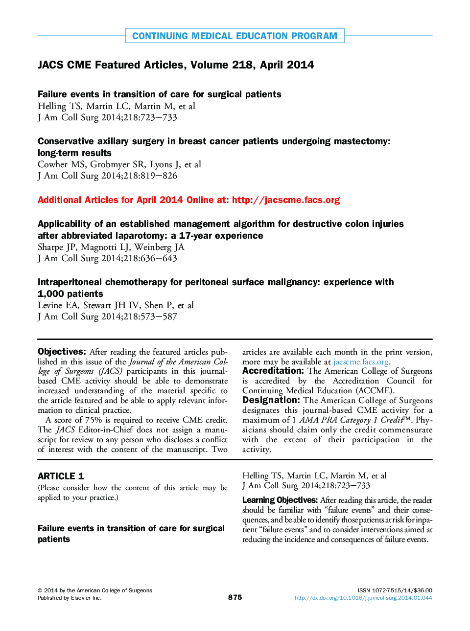 JACS CME Featured Articles, Volume 218, April 2014