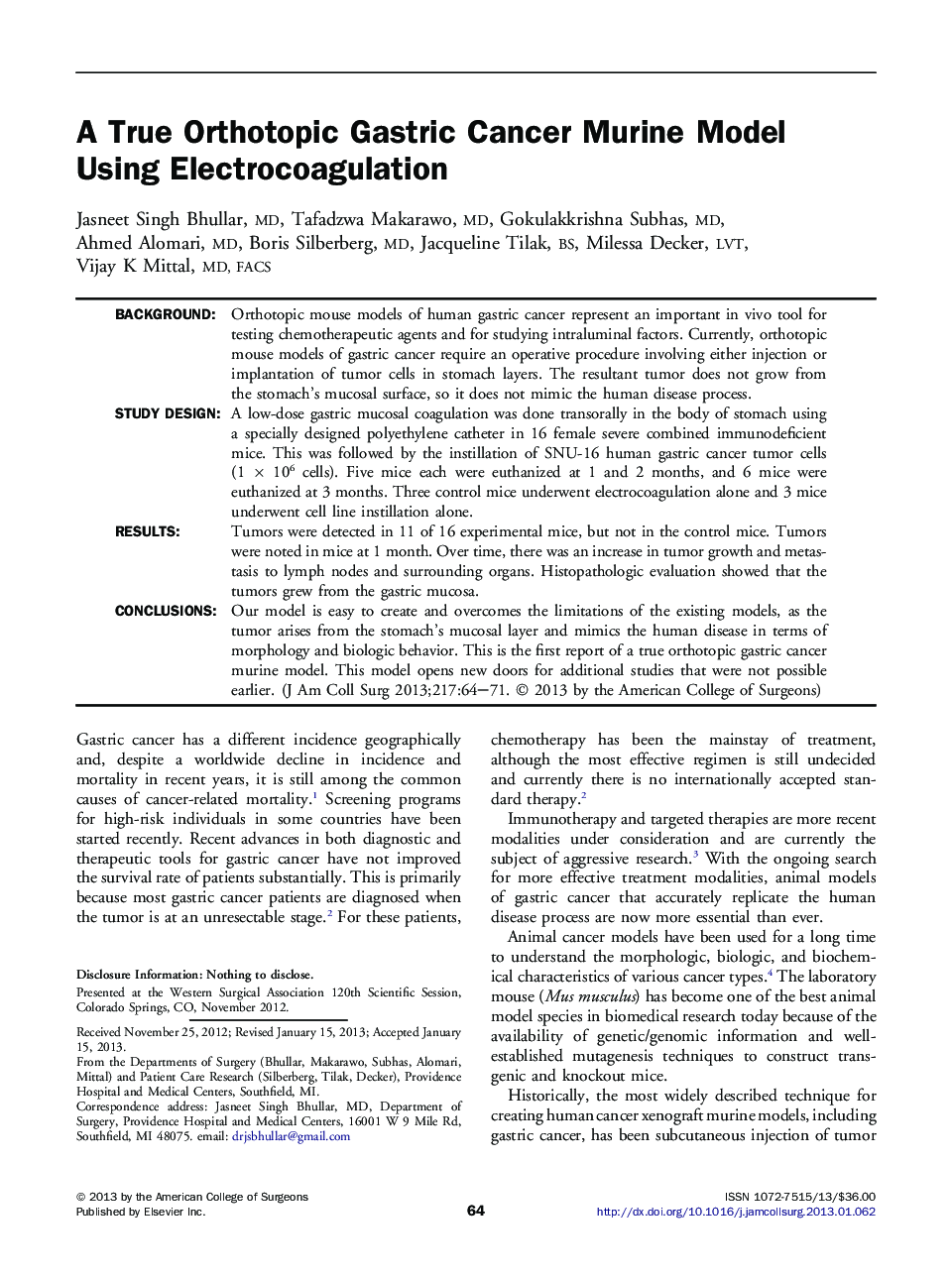 A True Orthotopic Gastric Cancer Murine Model Using Electrocoagulation 