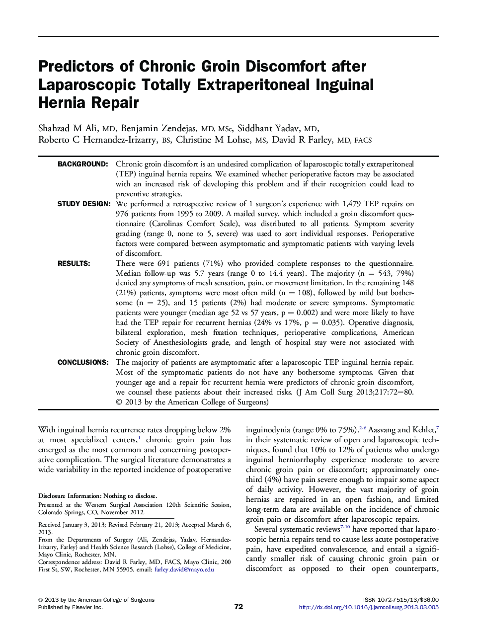 Predictors of Chronic Groin Discomfort after Laparoscopic Totally Extraperitoneal Inguinal Hernia Repair 