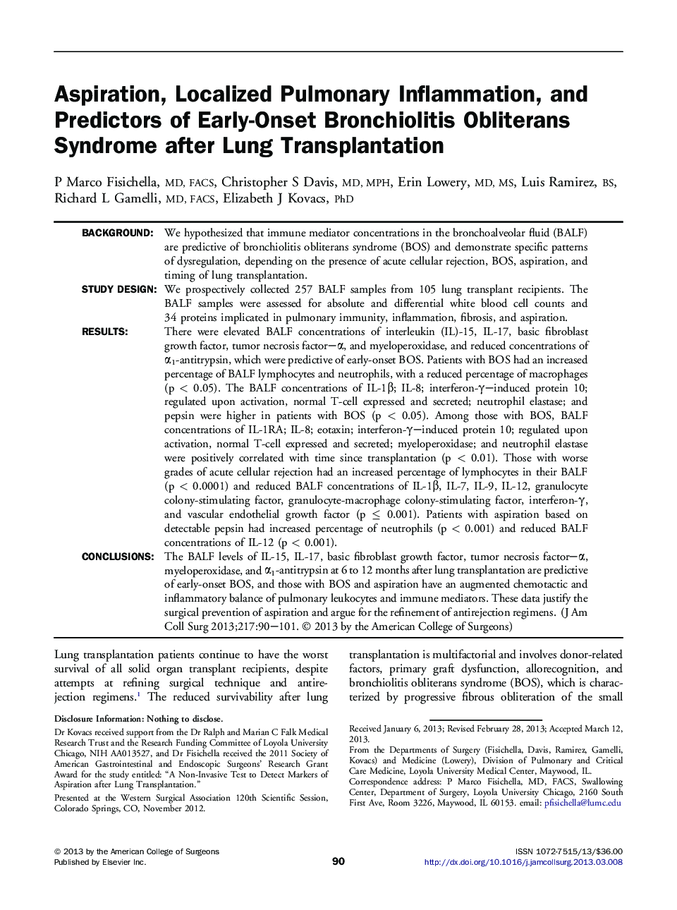 Aspiration, Localized Pulmonary Inflammation, and Predictors of Early-Onset Bronchiolitis Obliterans Syndrome after Lung Transplantation 