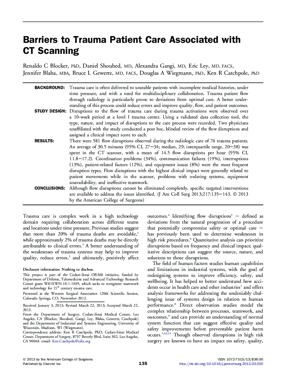 Barriers to Trauma Patient Care Associated with CT Scanning 