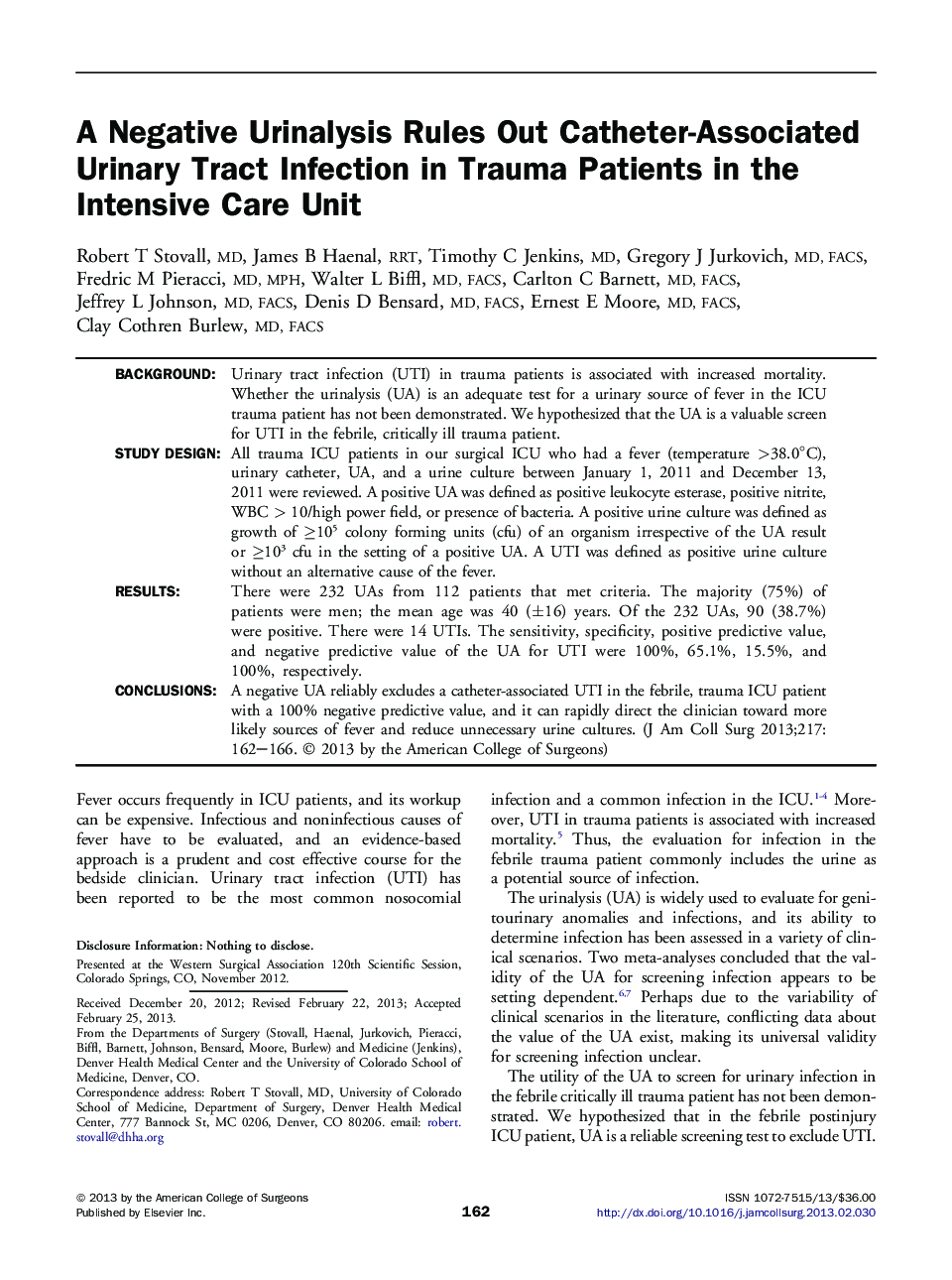 A Negative Urinalysis Rules Out Catheter-Associated Urinary Tract Infection in Trauma Patients in the Intensive Care Unit 