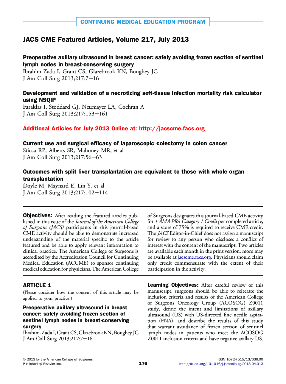 JACS CME Featured Articles, Volume 217, July 2013